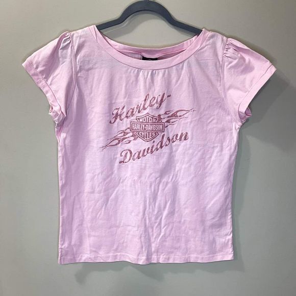 Pink Harley-Davidson Tee shirt with ruffled sleeves - Picture 1 of 4